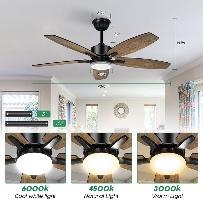 42 Inch Black Ceiling Fan with Light with Reversible DC Modern