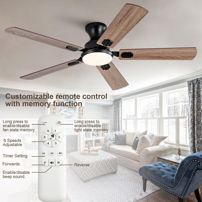 52in Black Ceiling Fans with Lights and Remote,Low Profile Flush Mount