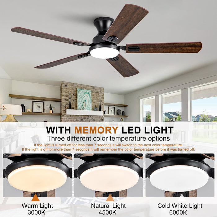 52in Black Ceiling Fans with Lights and Remote,Low Profile Flush Mount