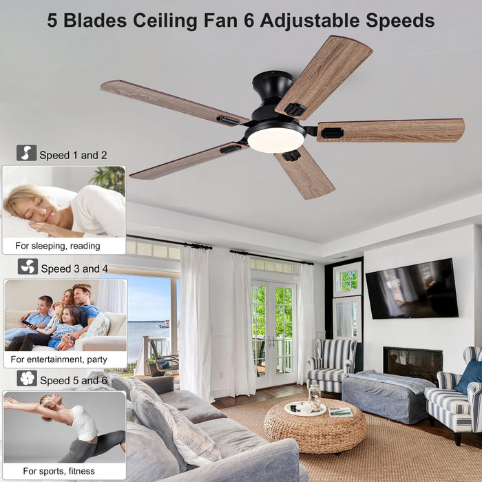 52in Black Ceiling Fans with Lights and Remote,Low Profile Flush Mount