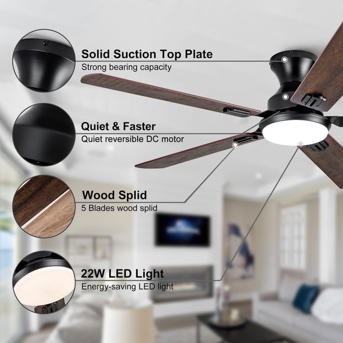 52in Black Ceiling Fans with Lights and Remote,Low Profile Flush Mount