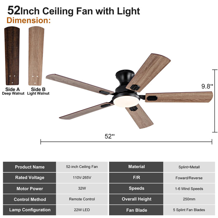 52in Black Ceiling Fans with Lights and Remote,Low Profile Flush Mount