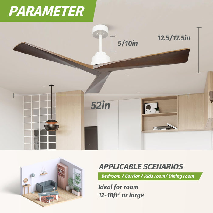 52in Ceiling Fan With Wood Blades, Reversible DC Motor No Lights