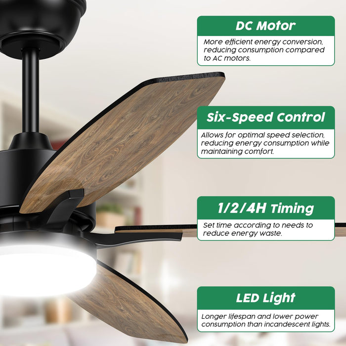 42 Inch Black Ceiling Fan with Light with Reversible DC Modern