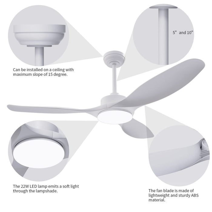 52in Ceiling Fans with White Ceiling Fan 3CCT 22W Dimmable LED Light