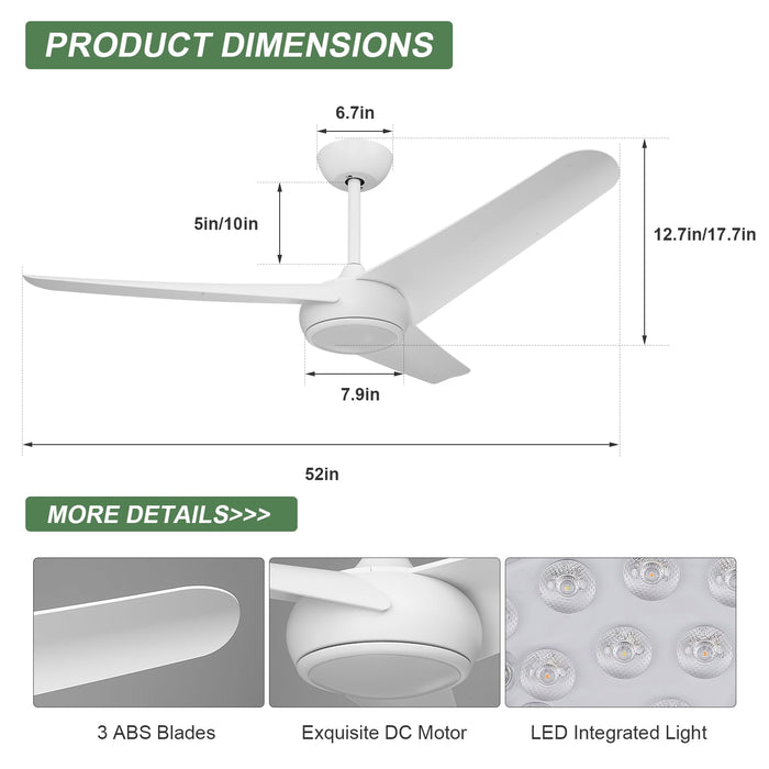 52in Ceiling Fan with Light 3 Blades Ceiling Fans Reversible Silent DC Motor