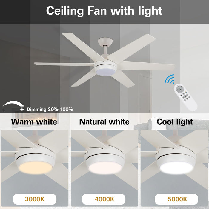 52in Ceiling Fans with LED Lights 6 Blades, 6 Speed, Dimmable, 3CCT