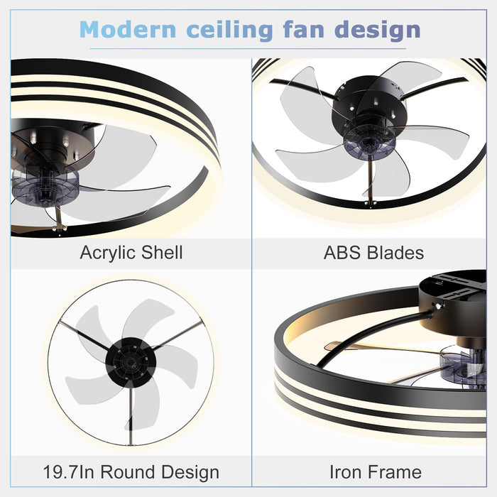 19.7in Modern Low Profile Flush Mount Ceiling Fans with Lights and Remote