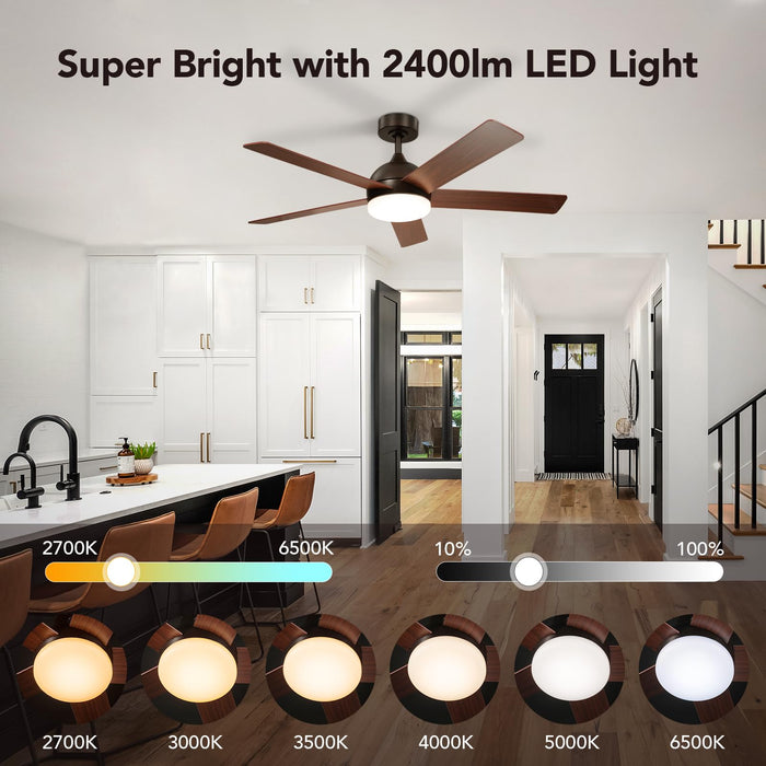 52in Ceiling Fans with Lights and Remote, 2400lm Dimmable 6CCT LED Light