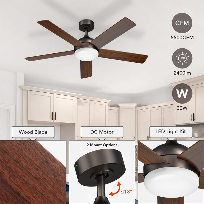 52in Ceiling Fans with Lights and Remote, 2400lm Dimmable 6CCT LED Light