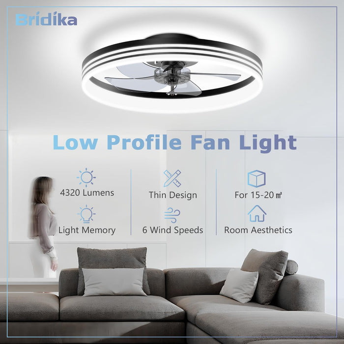 19.7in Modern Low Profile Flush Mount Ceiling Fans with Lights and Remote