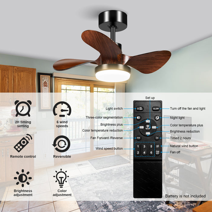 25in 3-Blade Modern Low Profile Dimmable Ceiling Fan with Light