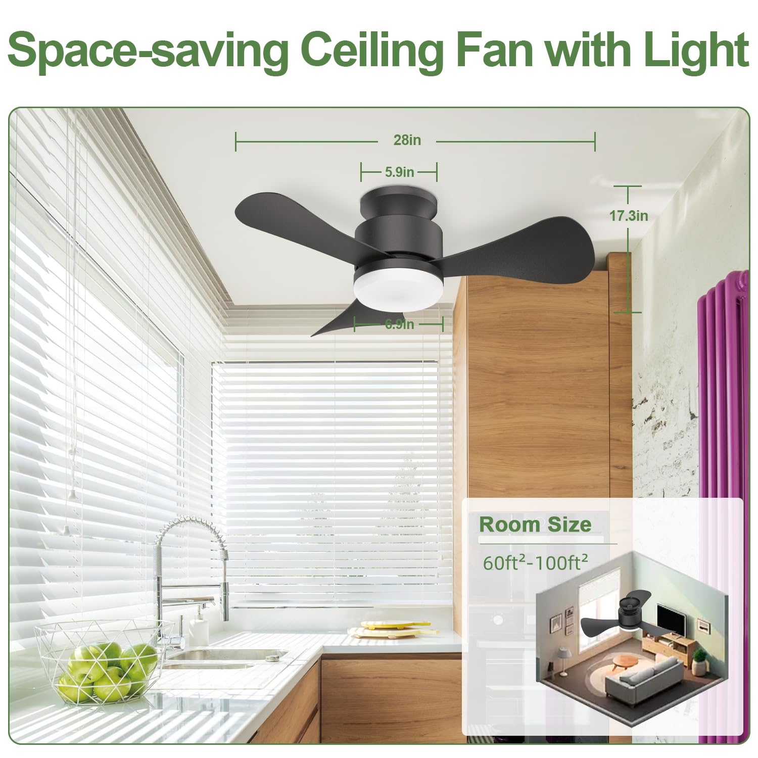 28 Inch Low Profile Flush Mount Ceiling Fan with light