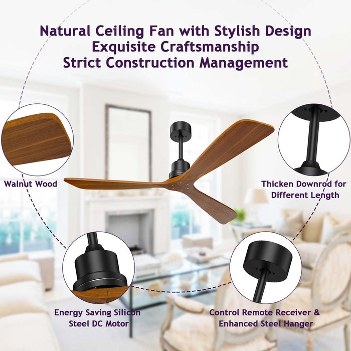 60in Ceiling Fan Walnut Ceiling Fan Without Light 3 Solid Wood Blades