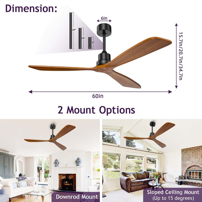 60in Ceiling Fan Walnut Ceiling Fan Without Light 3 Solid Wood Blades